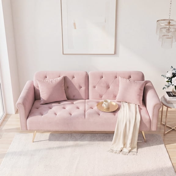 Dtwnek 2 Seat Sofa Couch with Metal Legs, 69.7" Velvet Upholstered Loveseat Sofa for Living Room, Bedroom, Office, Pink