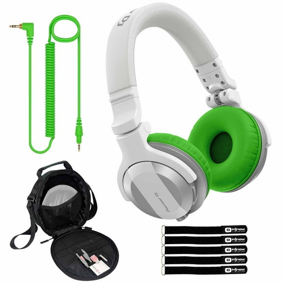 Pioneer DJ HDJ-CUE1BT White Wireless Bluetooth Headphones with Green Ear Pad Accessories Package