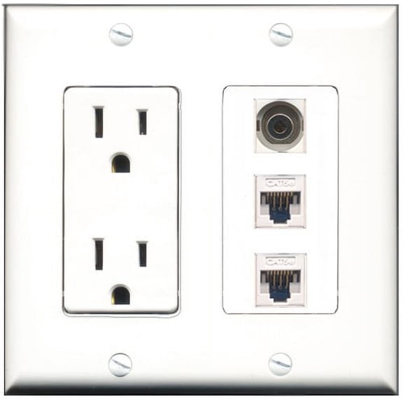 RiteAV - 15 Amp Power Outlet 1 Port 3.5mm 2 Port Cat5e Ethernet White Decorative Wall Plate