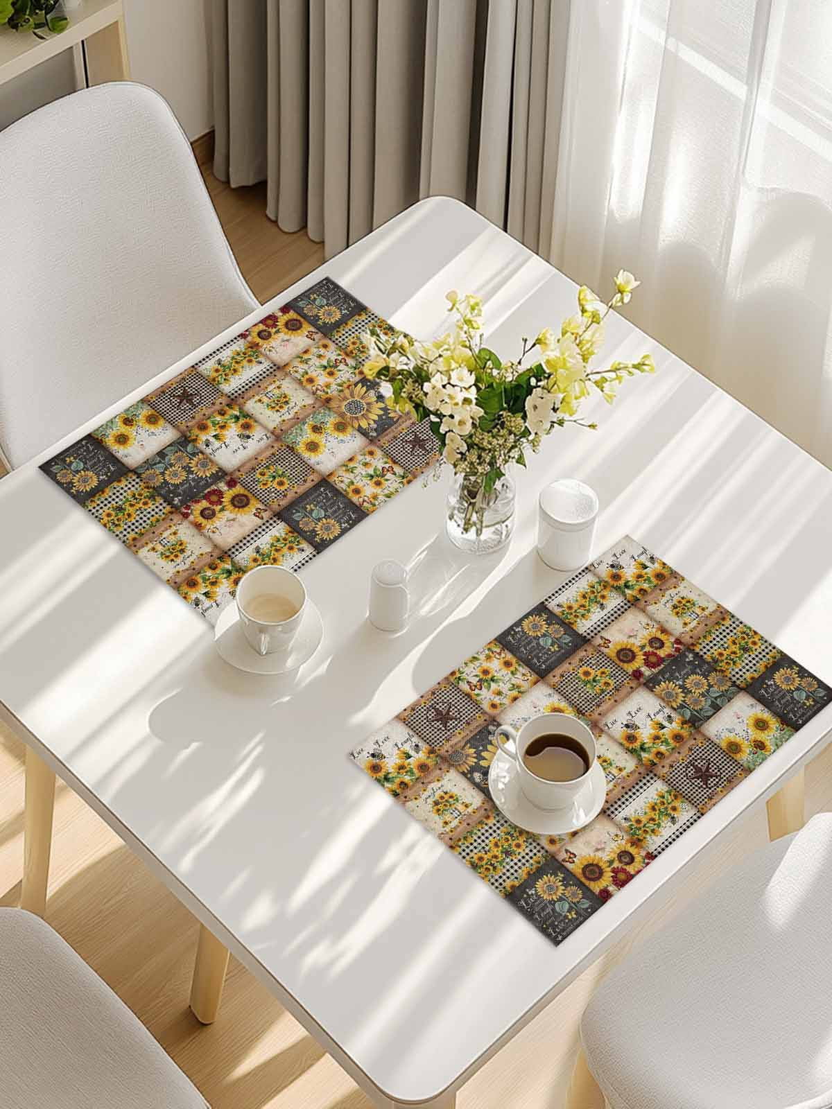 Sunflowers Placemats Set of 4, Farmhouse Vintage Western Texas Star Plaid Placemats for Dining Table, Place Mats for Kitchen Tabletop, Waterproof Wipeable Dining Table Mats Set