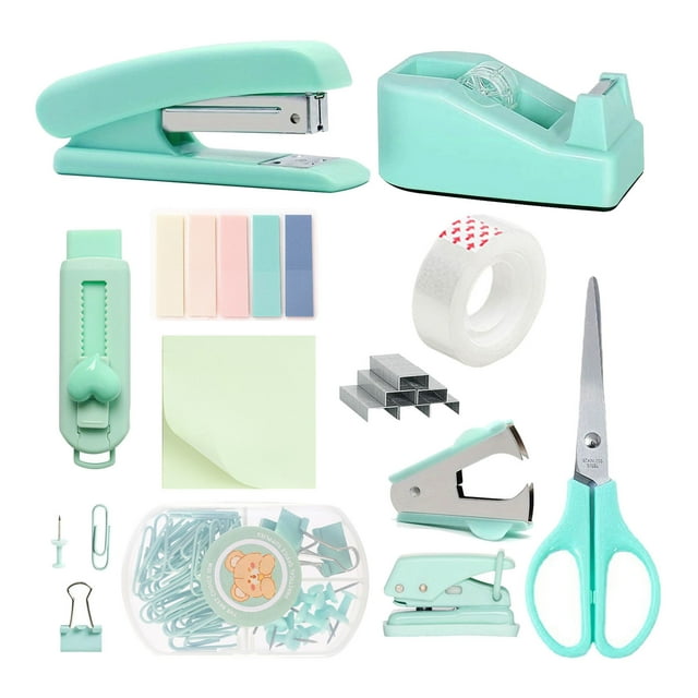 Teal Desk Stapler And Tape Dispenser For With Stapler Tape Dispenser Staple Remover Staples Clips Scissor And Tabs For Students Stationery Cards And Envelopes Set for Teachers Stationery Cards And
