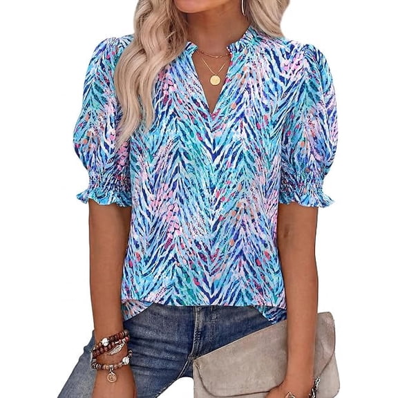 BTFBM Summer Blouses for Women Dressy Casual Fashion Spring Tops Floral Boho V Neck Puff Short Sleeve Top Shirts
