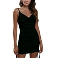 thumbnail image 4 of Sleeveless Ruched Dress, Drawstring Comfortable Solid Color V Neck Spaghetti Strap Dress Backless  For Party For Weekend White,Pink,Green,Black,Champagne, 4 of 5