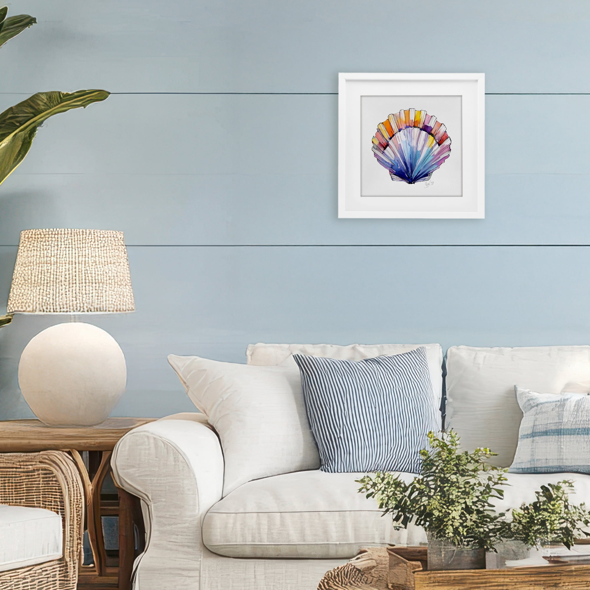 Stupell Industries Coastal Scallop Watercolor White Framed Print Under Glass, design by Shelly Craig