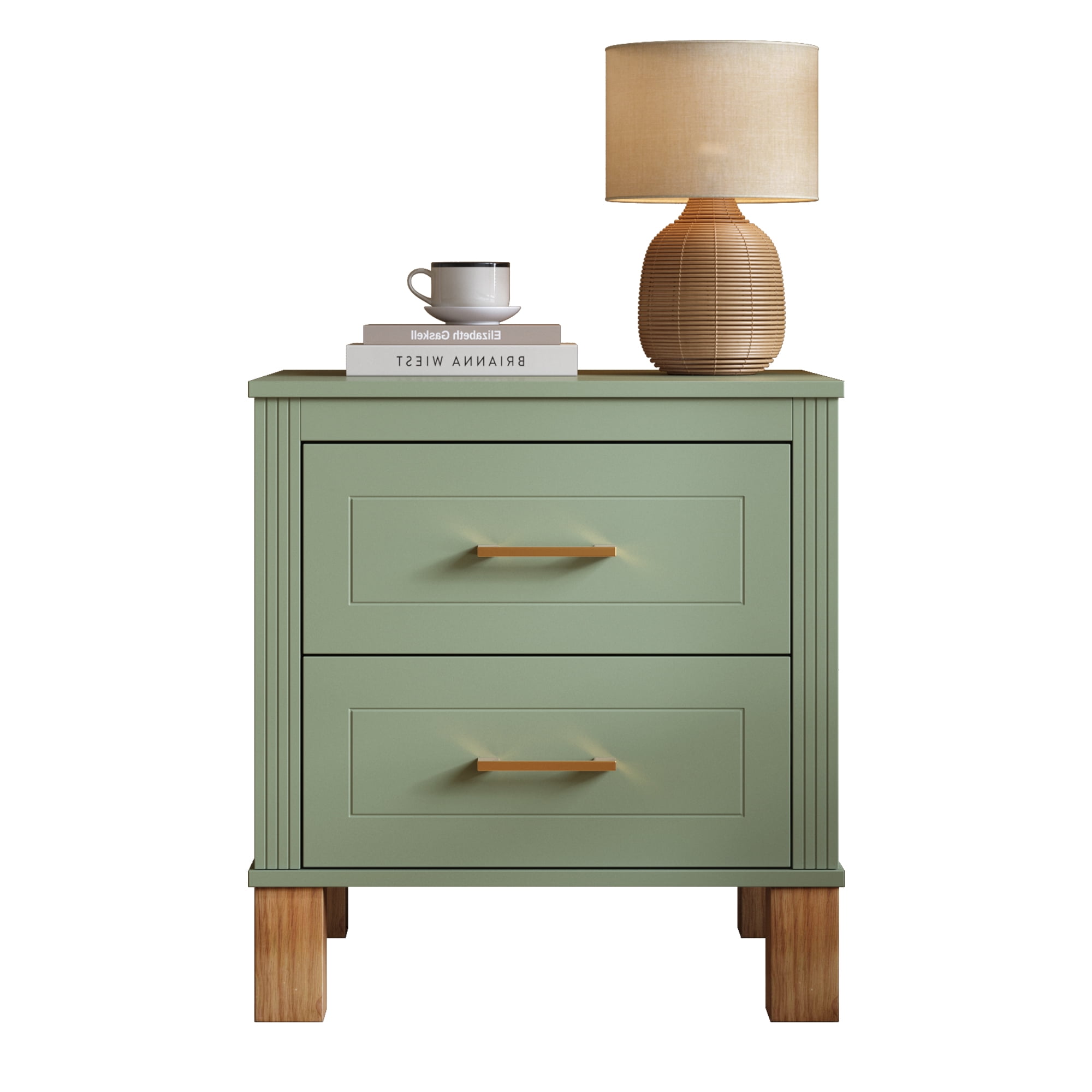 2 Drawer Nightstand, Premium Wood Storage with Elegant Fluted Design, Solid Wood Legs Nightstand with Metal Handle, Tall Bedside Table for Bedroom Living Room, Sage Green