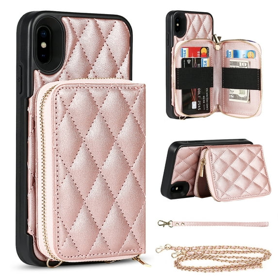 iPhone XS Max Wallet Case and Cover, Allytech Zipper Case with Card Holder Slot Crossbody Chain Strap Handbag Purse Wrist Strap Shockproof PU Leather Case for iPhone XS Max 6.5", Rosegold