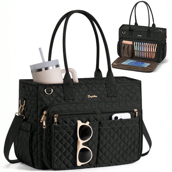 Teacher Tote Bag 15.6 inch Laptop Bag for Women, Work Bags Nurse Bible Bag Quilted Lightweight Laptop Tote Computer Briefcase for School Travel Office College, Black