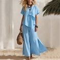 thumbnail image 3 of Women Linen Sets 2 Piece Outfits Short Sleeve Asymmetrical Shirt Split Wide Leg Pants 2026 Summer Trendy Boho Pant Suits,Light Blue XXL, 3 of 8