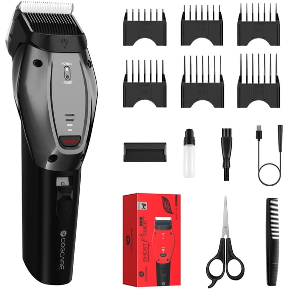 DogCare Dog Grooming Kit - 2022 Upgrade Smart 3-Mode Heavy-Duty Dog Grooming Clippers with Rechargeable 180-mins Battery, Sharp and Detachable Blade, Low Noise, Cordless Design, Auxiliary Light, Gray