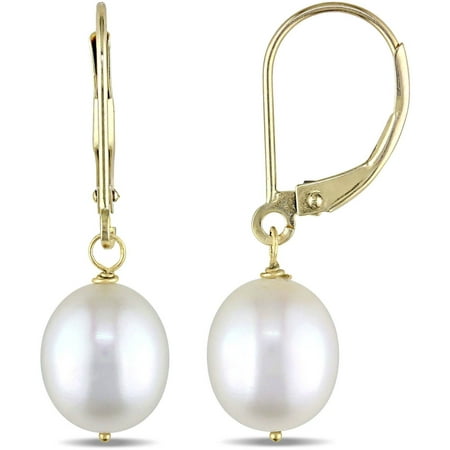 Miabella 8-9mm White Cultured Freshwater Pearl 14kt Yellow Gold Leverback Dangle Earrings