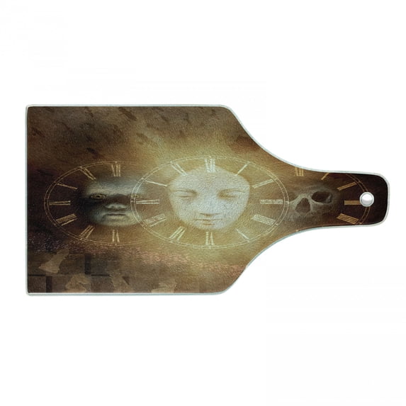 Psychedelic Cutting Board, Gothic Spooky Birth Life Death and Skull Face Art Design, Decorative Tempered Glass Cutting and Serving Board, Wine Bottle Shape, Yellow Tan, by Ambesonne