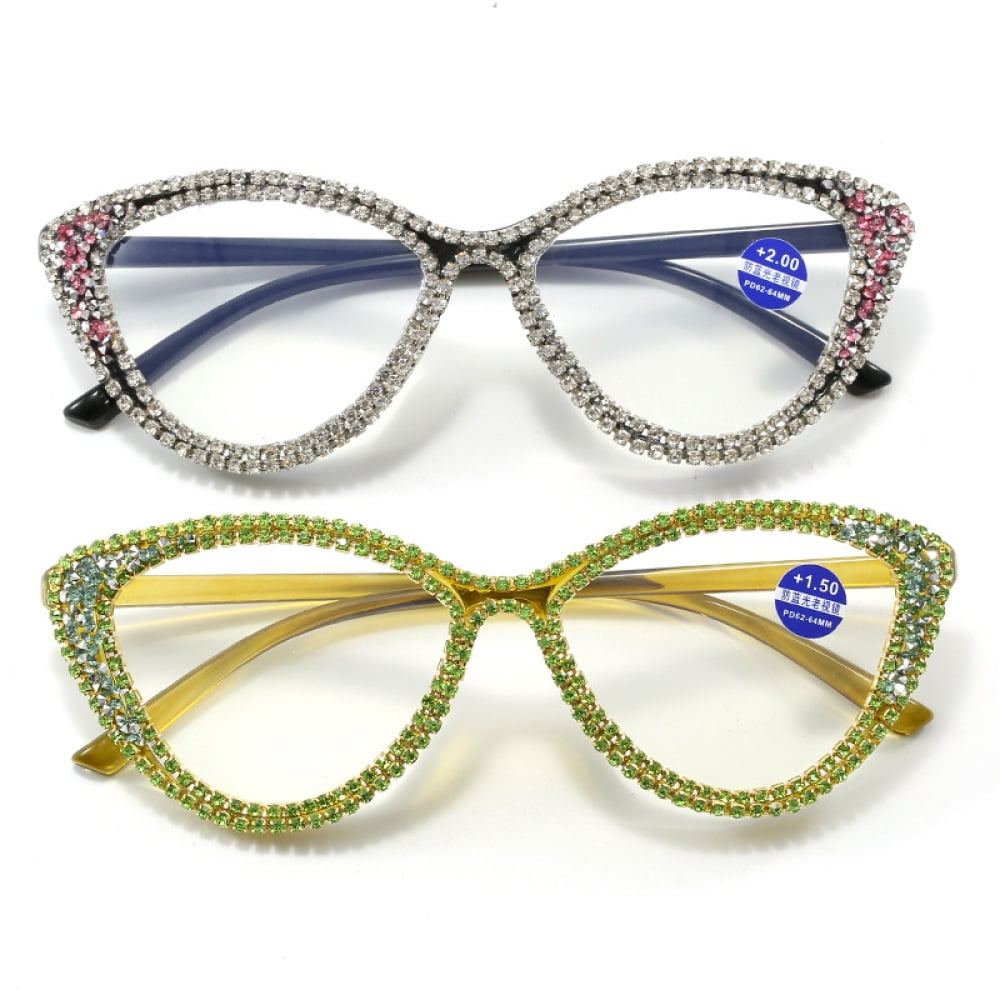 2 Pairs of Ladies Handmade Diamond Reading Glasses 2.50 Women Elegant Anti-blue Light Cat Eye Readers +2.50 Strength