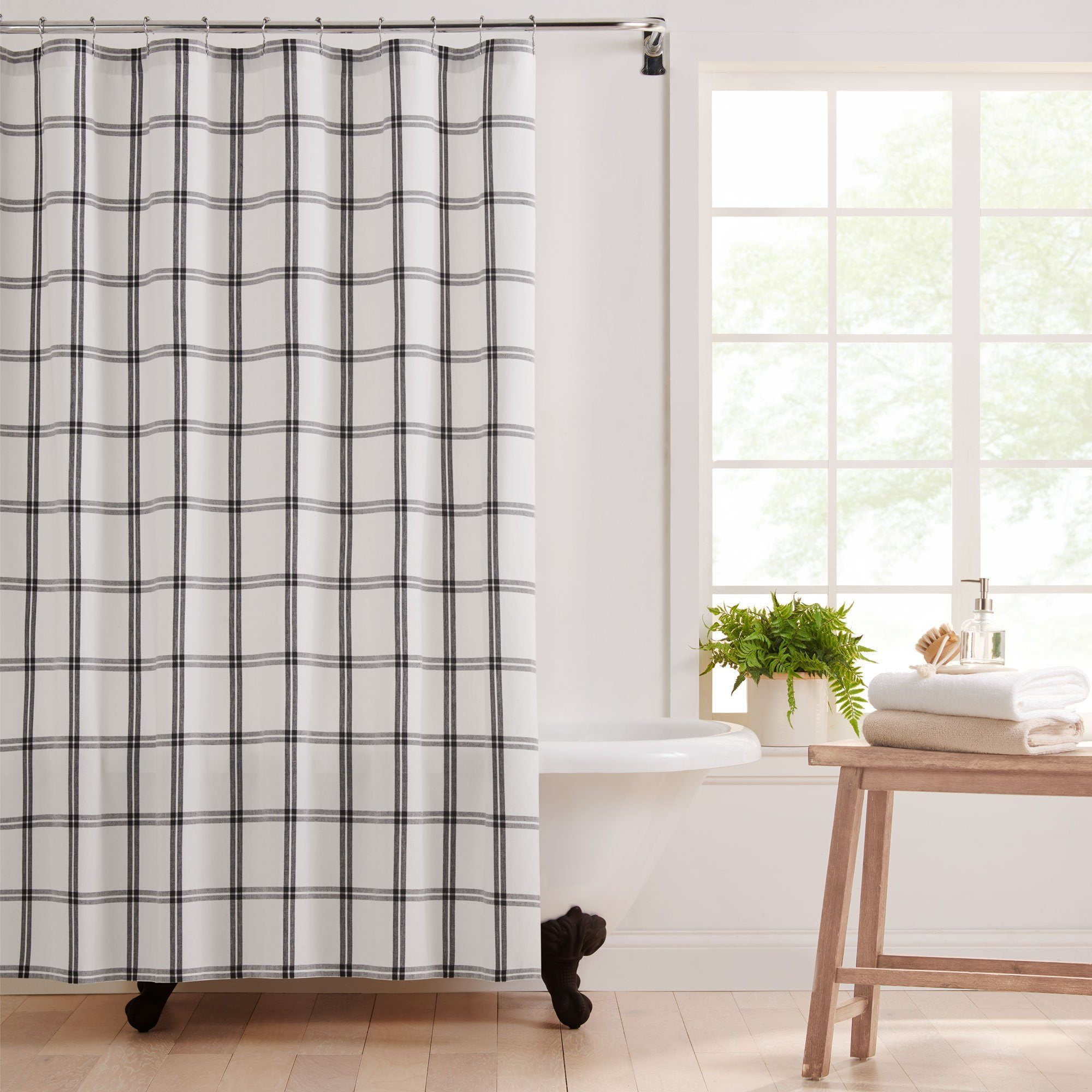 Farmhouse Living Double Windowpane Plaid Fabric Shower Curtain, White