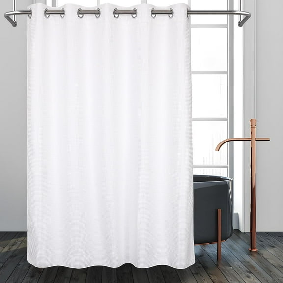 Cotton Blend No Hook Shower Curtain with Snap in Liner, Hotel Grade Shower Curtains for Bathroom, Water Repellent, White, 71W x74 L