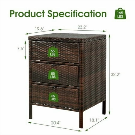 HOMEFUN Outdoor Indoor Storage Weatherproof Rattan Cabinet with 3 Drawers for Patio Entryway Garden Indoor Living Room Kitchen