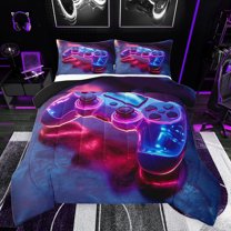 jejeloiu Kids Gamepad Controller Queen Comforter Set,Gamer Gaming Bedding Sets,Neon Blue Pink Bedding Comforter Set For Adults,Ultra Soft Home Decor Reversible,3 Pieces