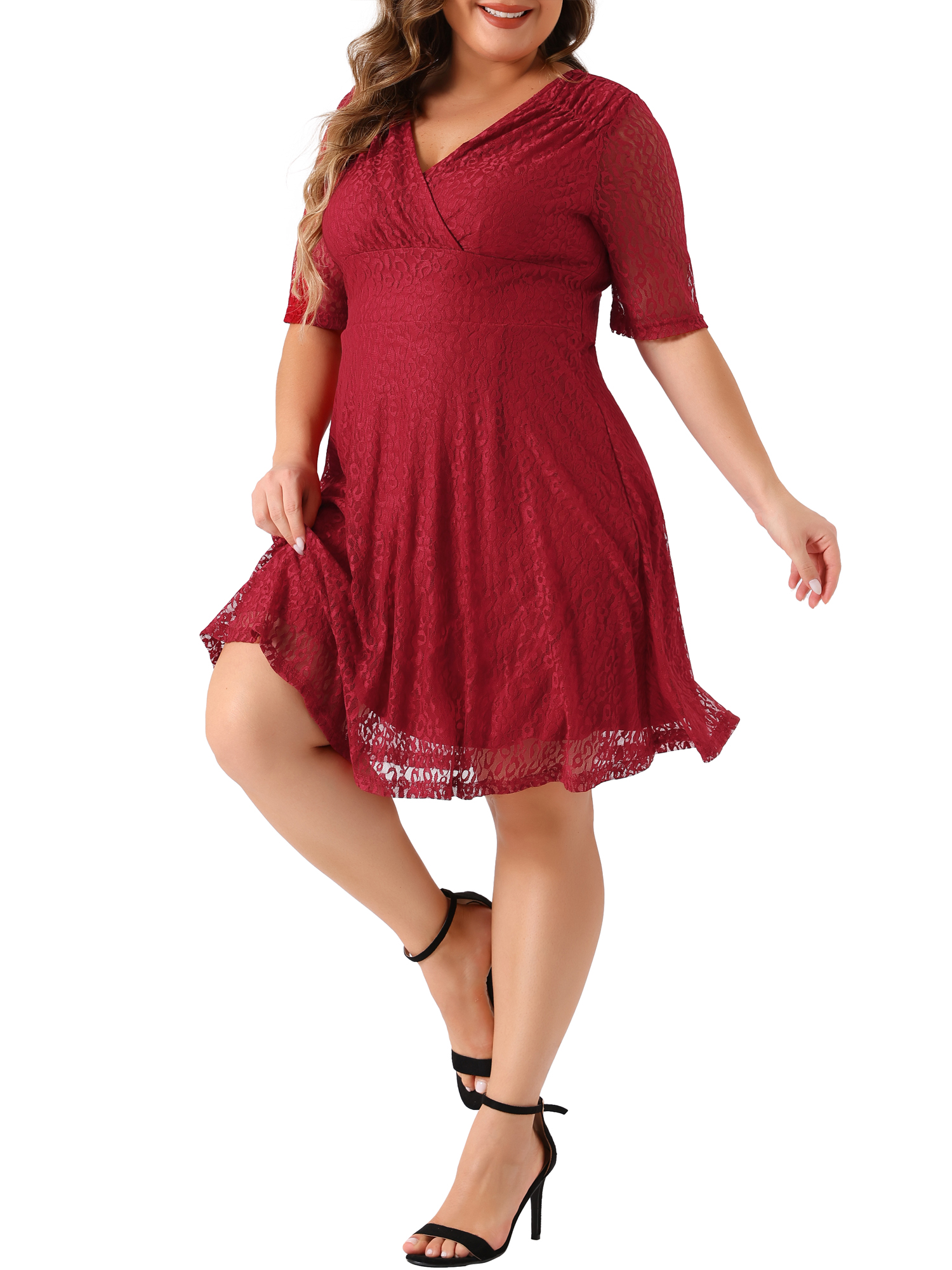 DARING DIVA V Neck Swing A-Line Cocktail Wedding Midi Lace Dress 1X Red