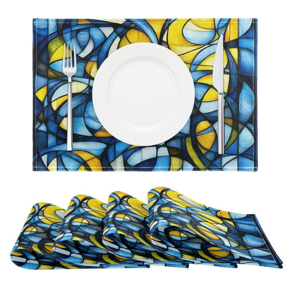 Abstract Blue and Yellow Reversible Placemat Non Slip Coffee Mat 18x12 Inch for Dining, Kitchen, Coffee