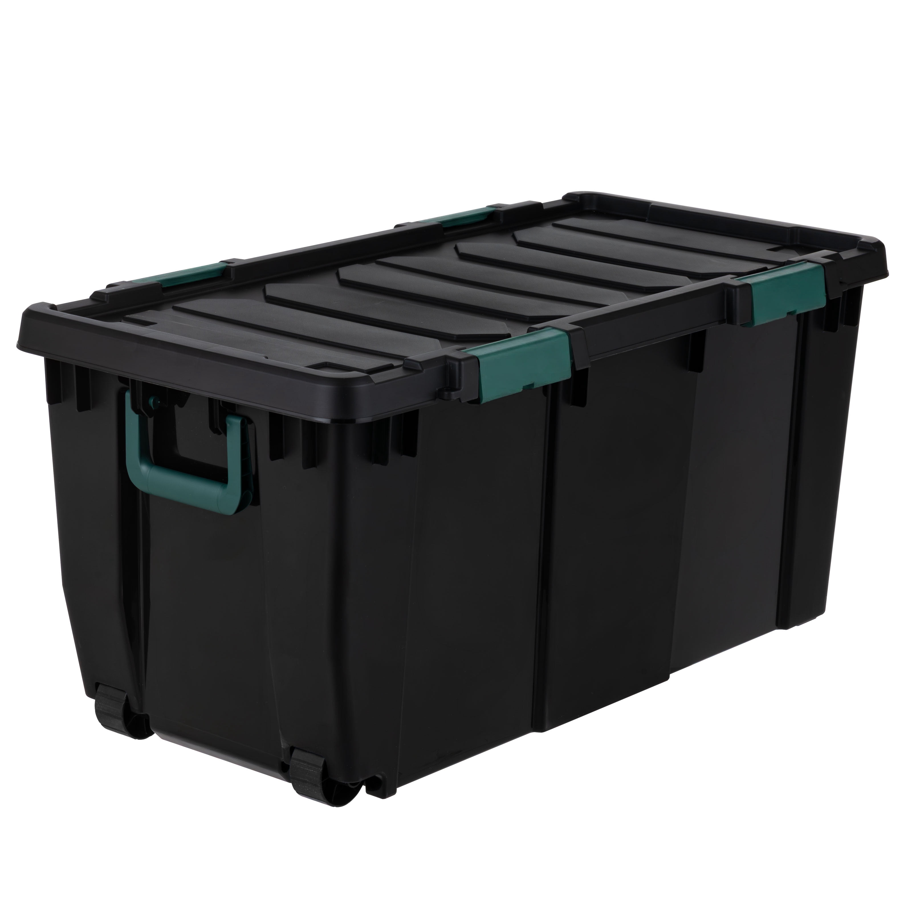 Remington, 32 Gal Plastic Storage Bins with Lids Latching Totes, Heavy Duty Containers with  Handle and Wheels Black 2Pk