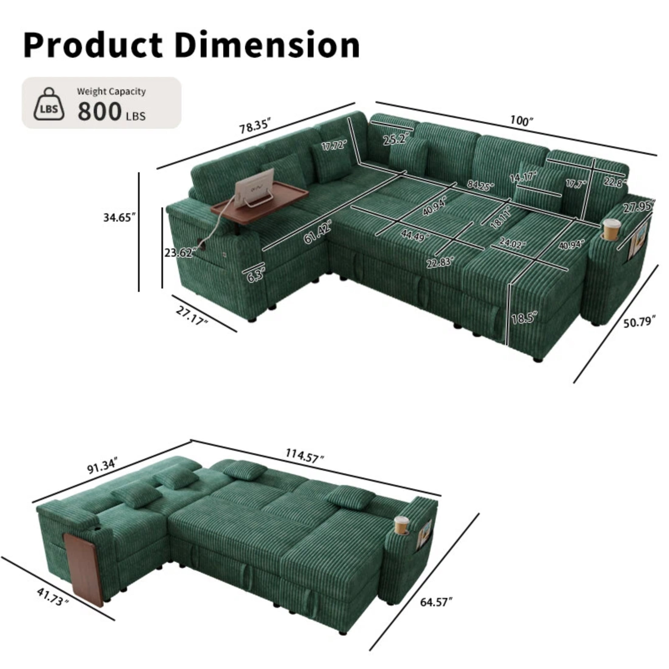 AISWORD 100" Modular U Shaped Sectional Sofa Bed with Pull Out Bed, Large 7‑Seat Convertible Couch with Storage Chaise, USB Charging Ports & Cup Holders, Green