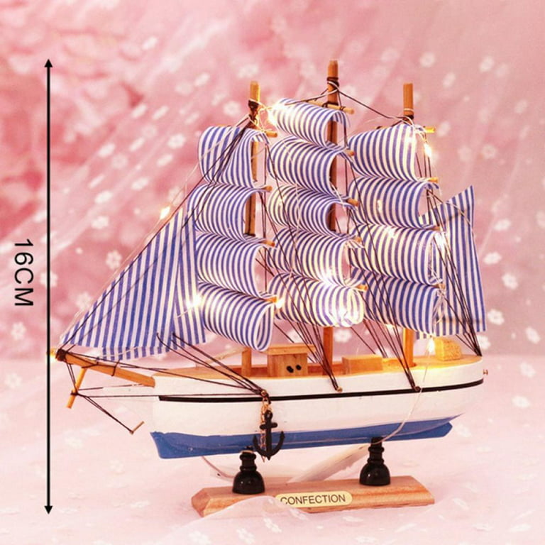 6 Inch Mediterranean Style Wooden Handcrafted Sailing Ship Boat Model  Ornament Home Desktop Decoration Gift，include LED Light