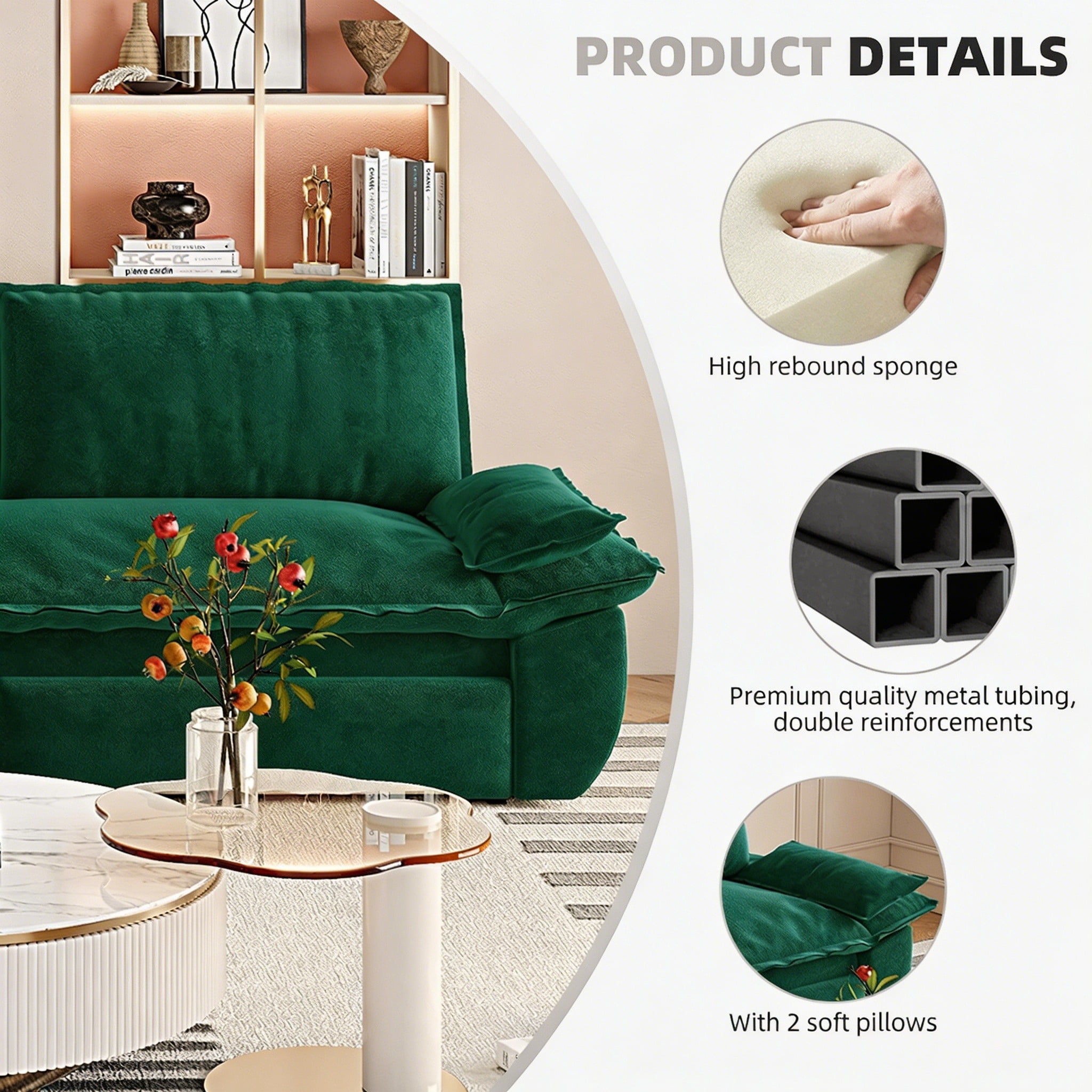 Multi-Functional Velvet 3-in-1 Convertible Sofa Bed, Queen Size Sleeper Loveseat with 2 Pillows, Green