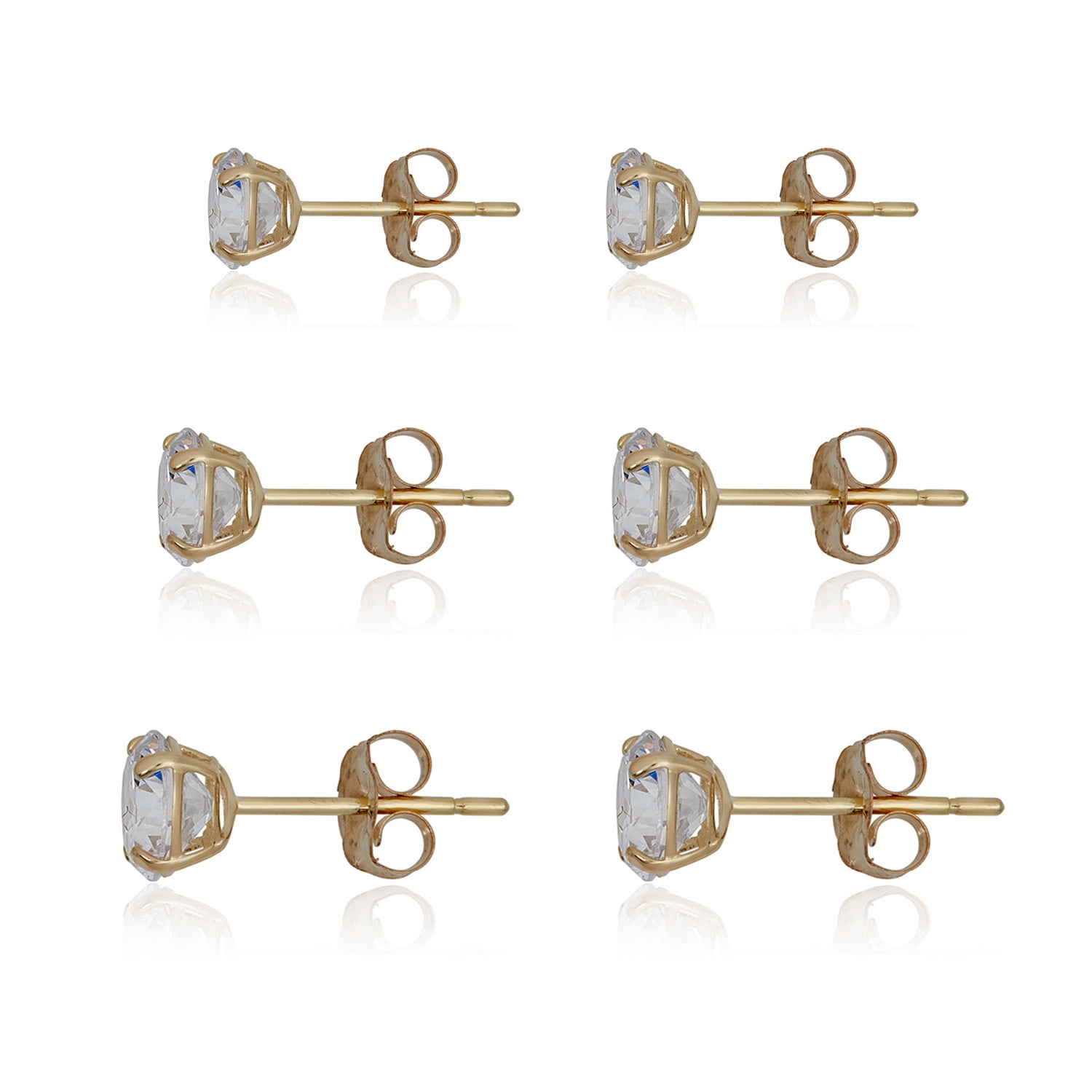 AVORA 3-pair 10K Yellow Gold Round Simulated Diamond CZ Stud Earrings Set, (4mm,5mm & 6mm)