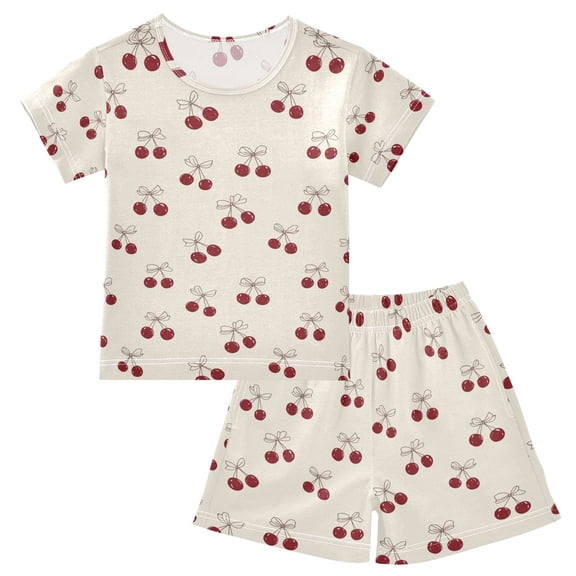 joogoo Cherry Bows Pattern Pajama Sets Short Sleeve Cotton 2-Piece Sleepwear 10Y
