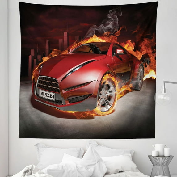Cars Tapestry, Red Sports Car Burnout Tires in Blazing Engine Hot Smoke Automobile, Fabric Wall Hanging Decor for Bedroom Living Room Dorm, 5 Sizes, Orange Black Red, by Ambesonne