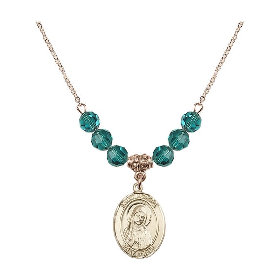 18-Inch Hamilton Gold Plated Necklace with 6mm Blue December Birth Month Stone Beads and Saint Monica Charm
