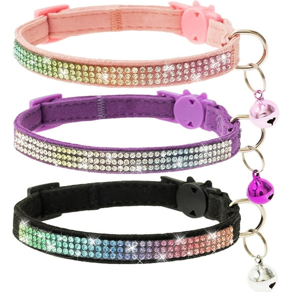 3Pack Breakaway Cat Collar with Bells - Rhinestone Bling Cute Adjustable Collars Pet Accessories for Girl & Boy Cats Kitten Puppy