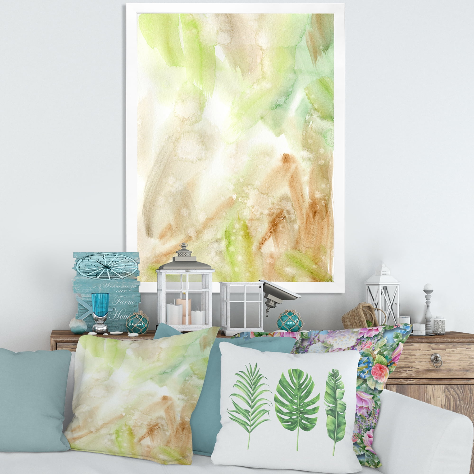 Designart 'Pastel Abstract With Brown Green and Beige Spots' Modern Framed Art Print