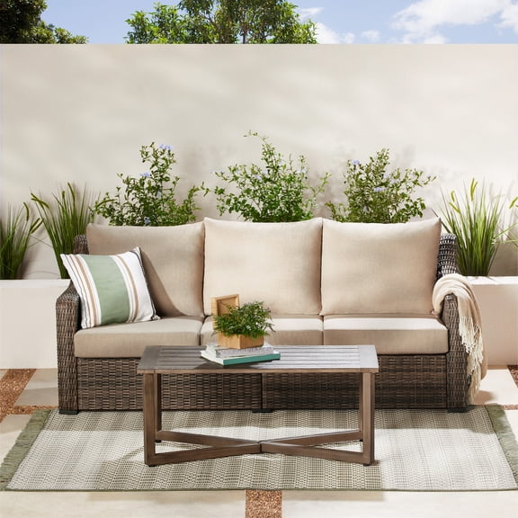 Better Homes & Gardens Hawthorne Park Outdoor Sofa and Coffee Table with Beige Cushions