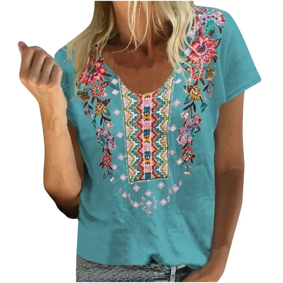 USSUMA Western Ethnic Style Womens Tops Summer Loose Fit Vintage Aztec Print Summer Top and Blouses Trendy Short Sleeve Shirts T-Shirt for Women Dressy V Neck Tunic Plus