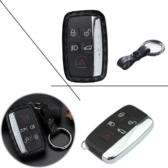 Xotic Tech Carbon Fiber Style Key Fob Cover with Keychain - Black TPU Remote Smart Key Case Protector for Range Rover Jaguar