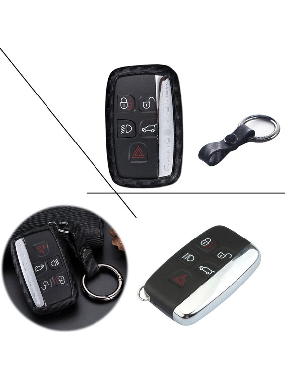 Carbon Fiber Style Key Fob Cover with Keychain - Black TPU Remote Smart Key Case Protector for Range Rover Jaguar