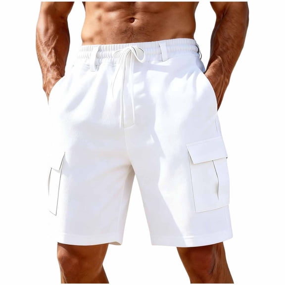 Besolor Men's Linen Shorts Wide Leg Drawstring Elastic Waist Lightweight Casual Workout Beach Shorts with Multi-pocket(X-Large,White)