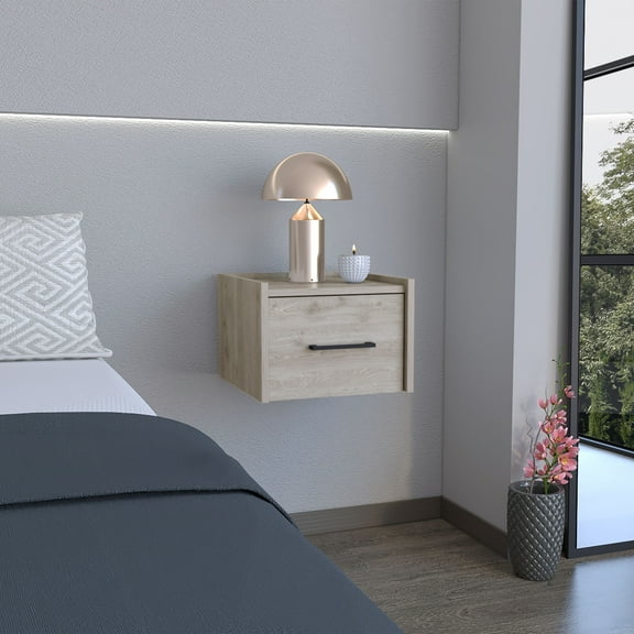 Wooden Nightstands Floating Nightstand, Space-Saving Design with Handy Drawer and Surface, Light Gray,Bedside Nightstands