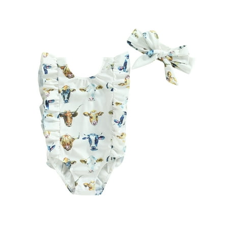 

AmShibel Kid Girls One Piece Romper Swimsuit Ruffles Fly Sleeve Cow/Cactus Print Summer Beach Swimwear + Headband