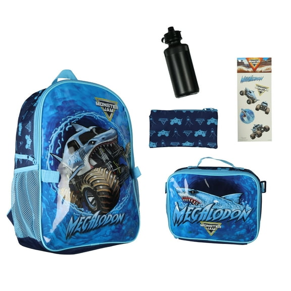 Monster Jam Megalodon 5-Piece Backpack Mega Set with Detachable Lunchbox Water Bottle Pencil Case and Stickers
