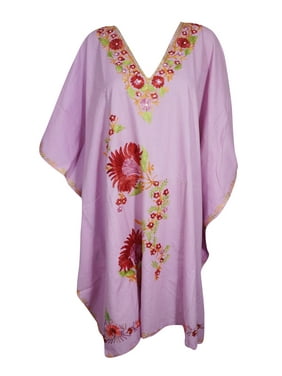 Mogul Womens Pink Short Kaftan Floral Embroidered Bikini Cover Up Caftan Dress One Size