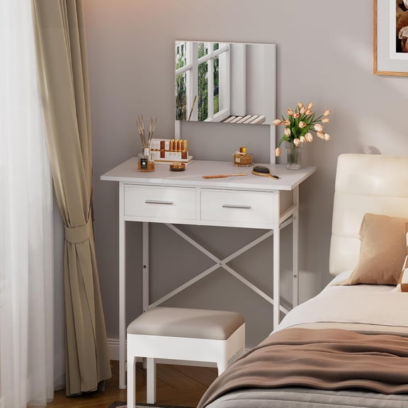 Small Vanity Desk with Mirror and Drawers, White Makeup Vanity Table with Storage, Compact Vanity for Bedroom, Modern Makeup Desk for Girls, Space-Saving Vanity Table