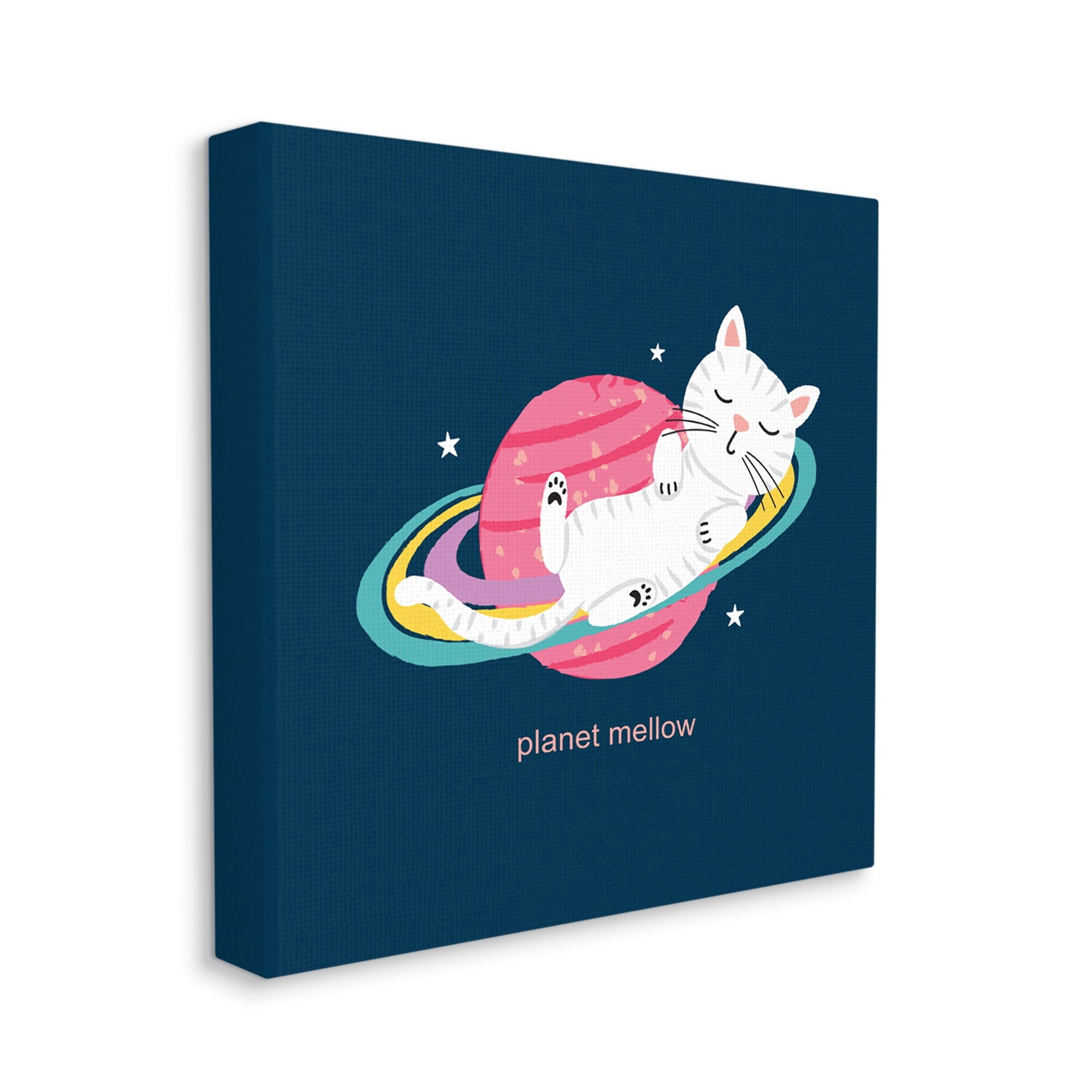 Stupell Industries Planet Mellow Tired White Cat Sleeping Saturn Rings Canvas Wall Art, 17 x 17, Design by Lisa Perry Whitebutton