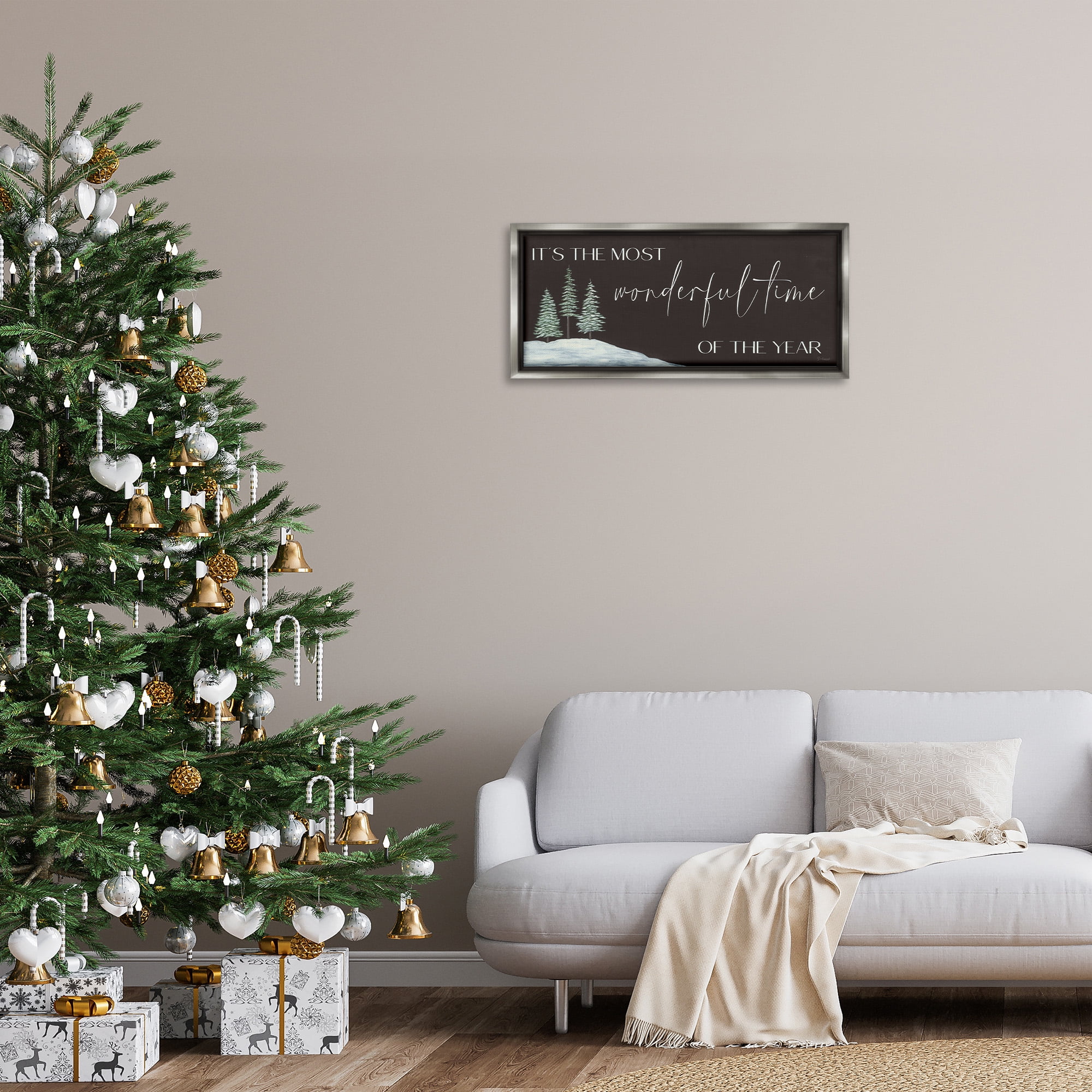 Stupell Industries Most Wonderful Time Holiday Phrase Inspirational Painting Gray Floater Framed Canvas Art Print Wall Art, 31 x 14