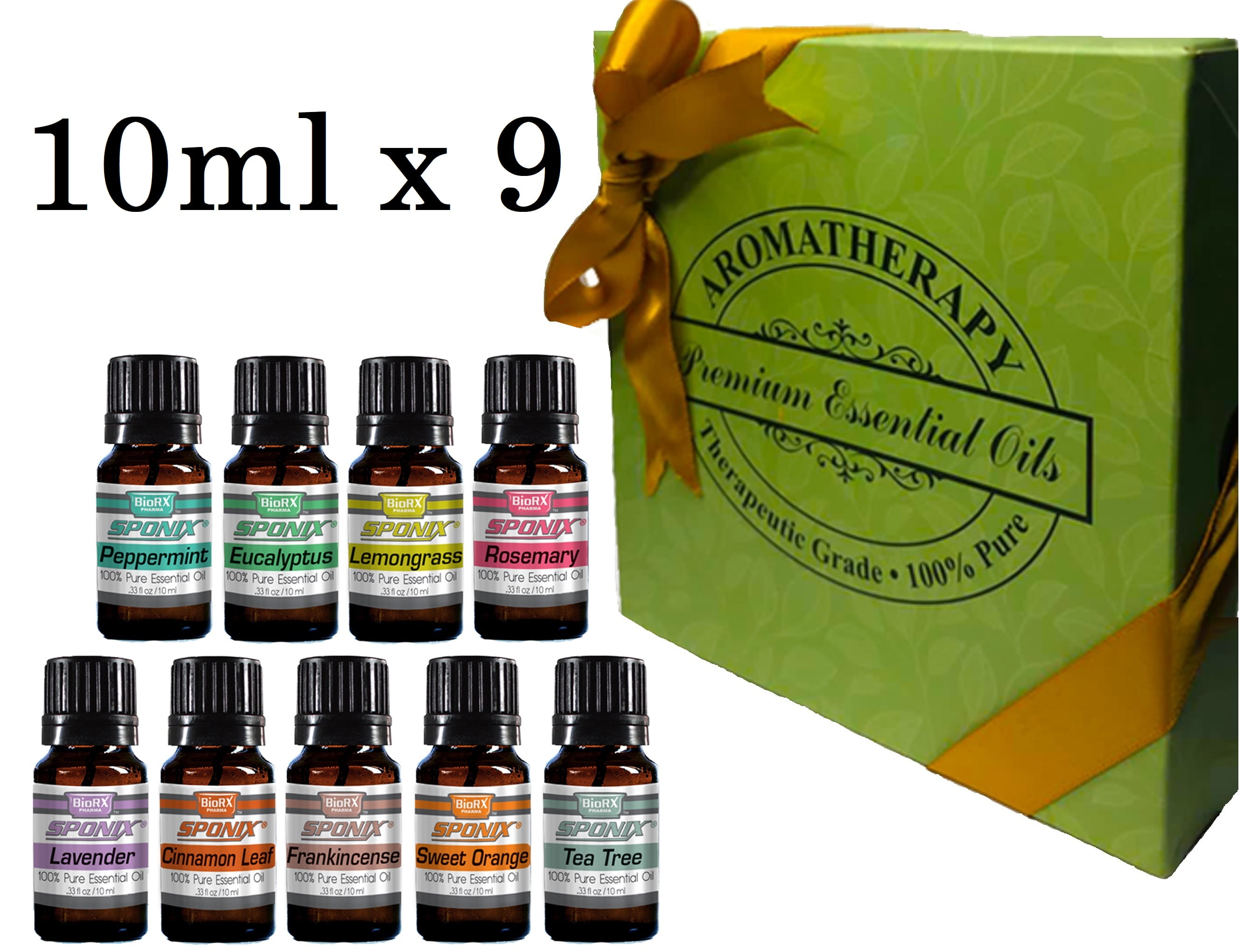 Essential Oil Gift Set of 9 Aromatherapy 9 x 10 mL Peppermint Eucalyptus Lemongrass Rosemary Lavender Cinnamon Leaf Frankincense Sweet Orange Tea Tree - 100% Pure Therapeutic Essential Oils by Sponix