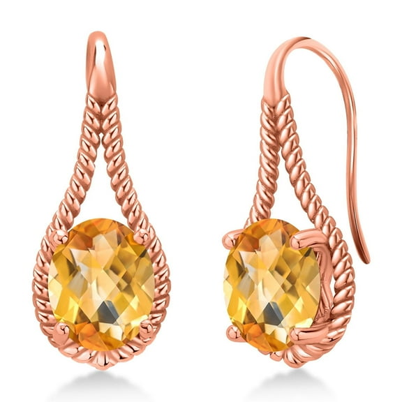Gem Stone King 18K Rose Gold Plated Silver Yellow Citrine Earrings for Women (3.30 Cttw, Gemstone November Birthstone, Oval Checkerboard 9X7MM)