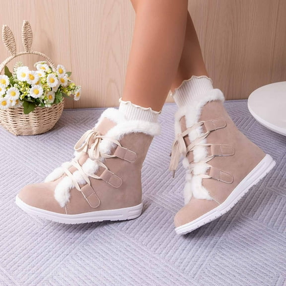 Women's Suede Ankle Boots Lace Up Fleece Lined Thickened Boots (Beige 41)