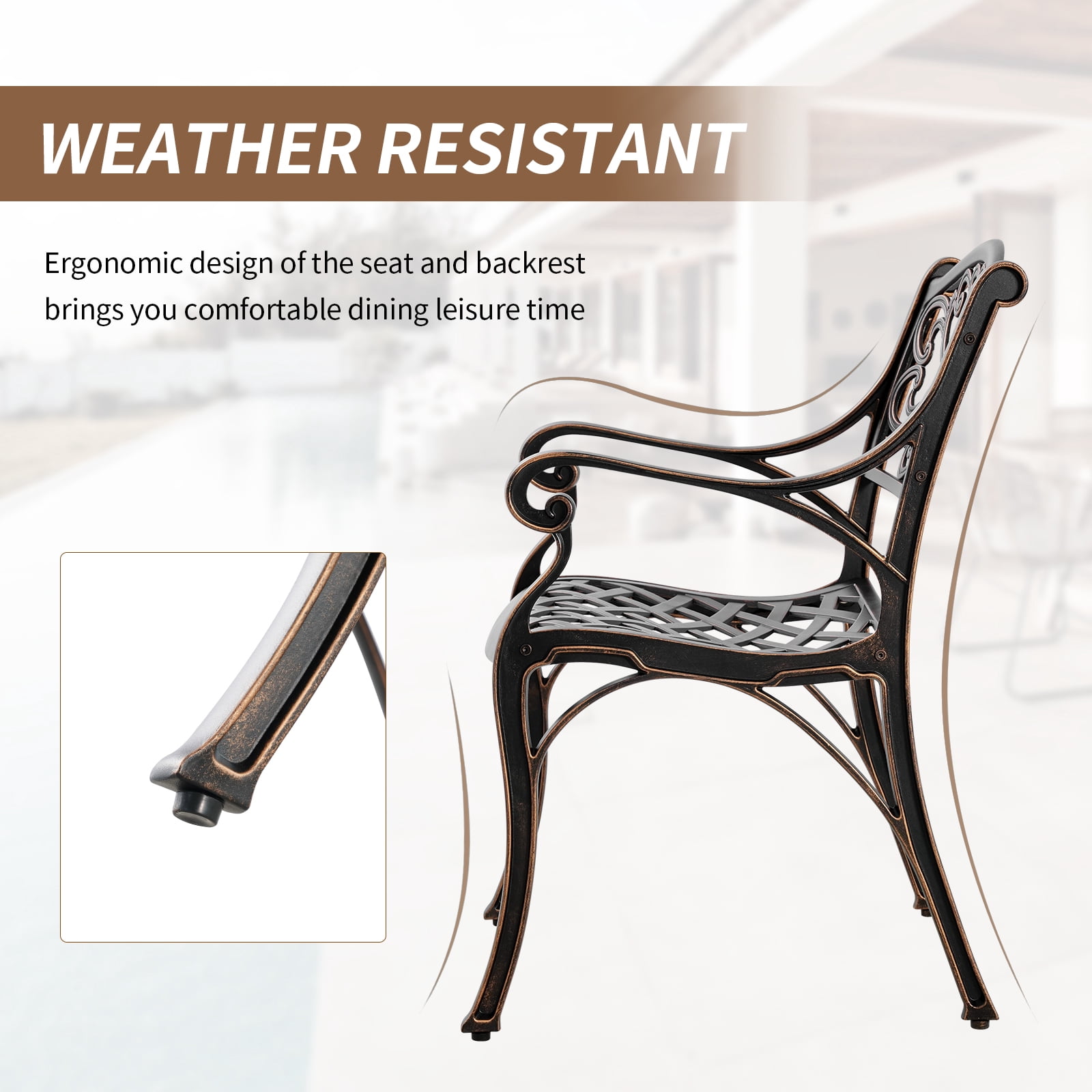 PATIO-IN Cast Aluminum Patio Chair Set of 2 with Armrests, Antique Bronze Metal Bistro Chairs, Outdoor Patio Dining Chairs for Garden, Porch, Poolside