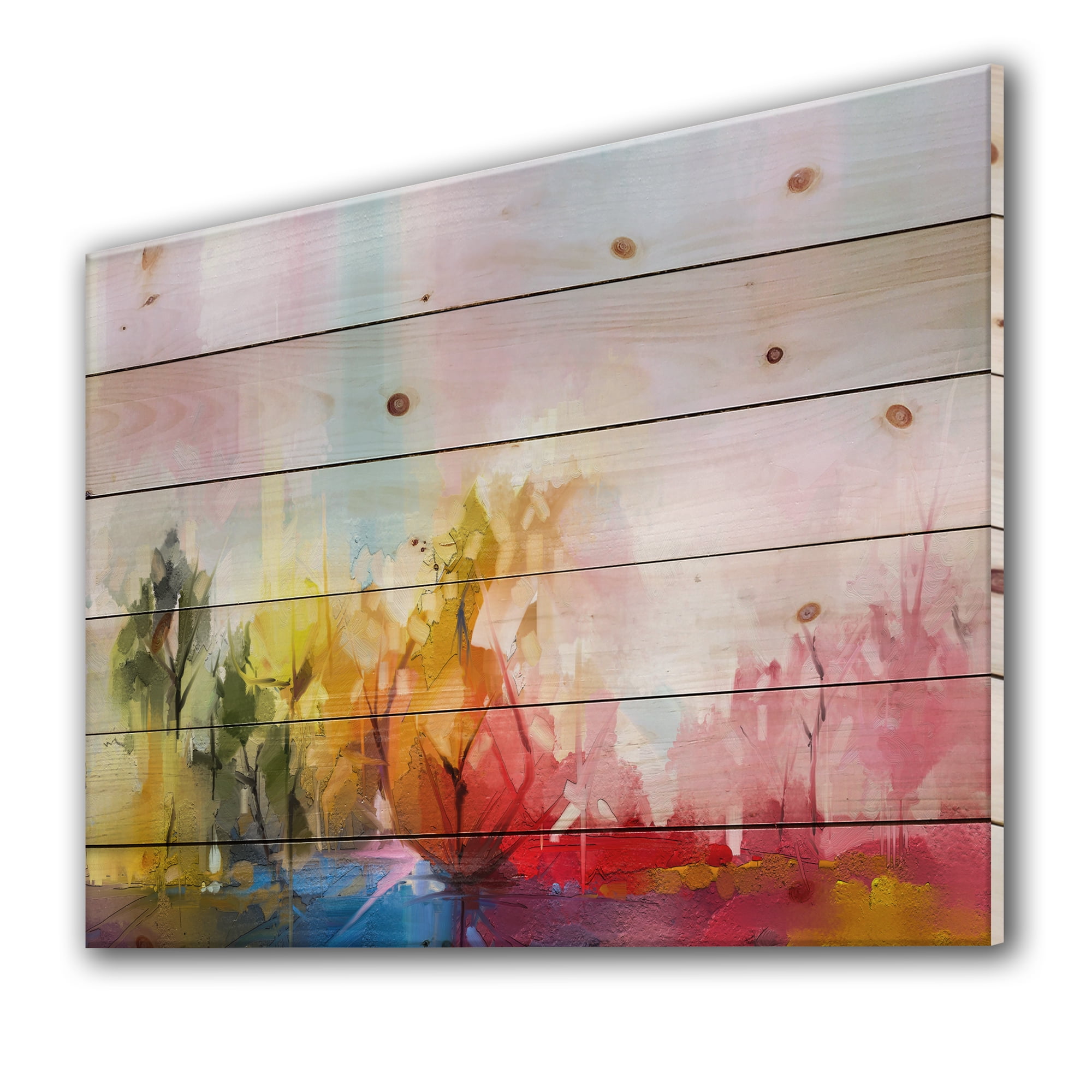 Designart 'Colorful Meadow Wth Abstract Tree' Modern Print on Natural Pine Wood