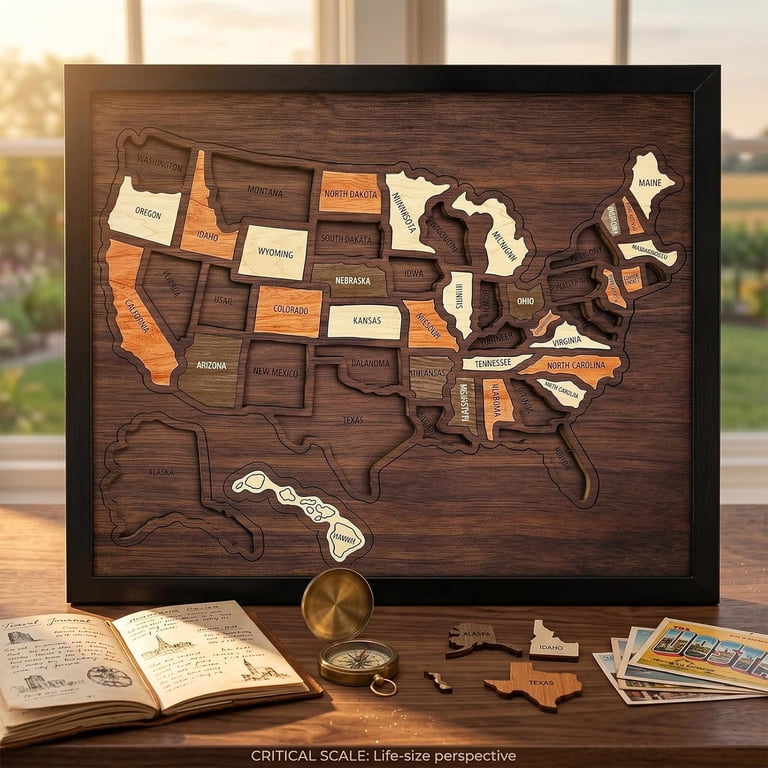 Wooden USA Travel Map Puzzle, United States Journey Tracker Pin